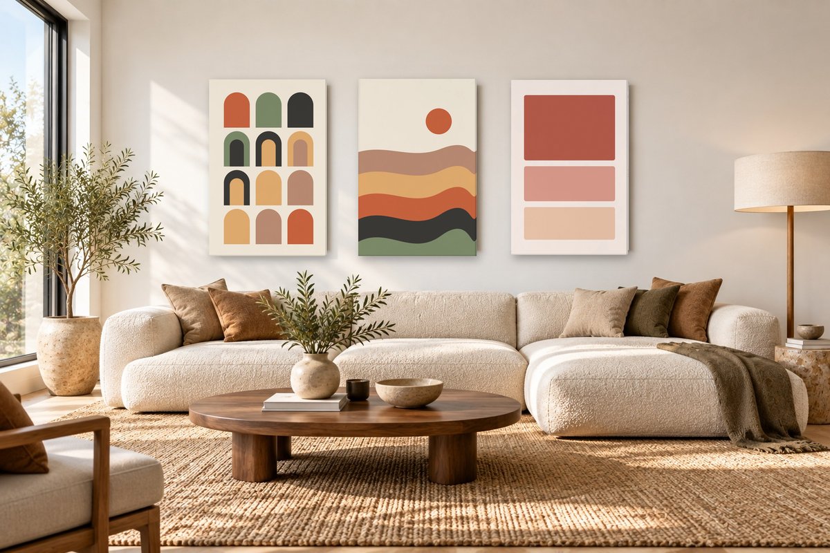 Three Prowallstock canvases above a sofa in a bright living room